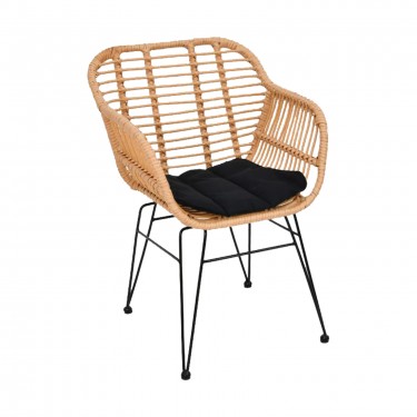 SALSA-W Πολυθρόνα Τραπεζαρίας Κήπου, Μέταλλο Βαφή Μαύρο, Wicker Φυσικό, Μαξιλάρι Μαύρο  55x56x82cm [-Μαύρο-, -Φυσικό-] [-Wicker-, -Μέταλλο-] Ε282,Κ