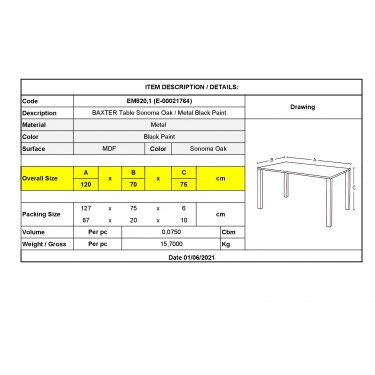 BAXTER Τραπέζι Κουζίνας Τραπεζαρίας, Μέταλλο Βαφή Μαύρο, Sonoma Oak  120x70x75cm [-Καρυδί-, -Μαύρο-] [-MDF - Κόντρα Πλακέ - Καπλαμάς - Νοβοπάν-, -Μέταλλο-] ΕΜ820,1
