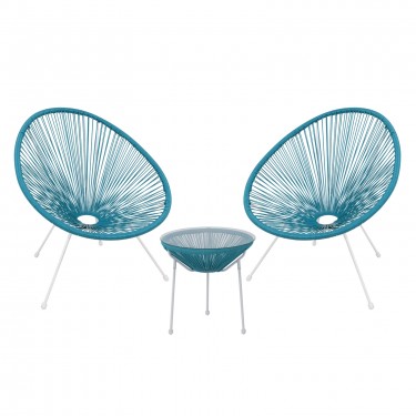 ACAPULCO Set Κήπου - Βεράντας: Τραπέζι   2 Πολυθρόνες Μέταλλο Άσπρο / Rattan Μπλε  Τραπ:Φ50x50cm - Πολ:70x69x81cm [-Άσπρο-, -Μπλε-] [-Wicker-, -Μέταλλο-] Ε245,Α3S