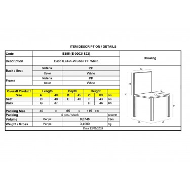 ILONA Καρέκλα-Pro Εστίασης - Catering Στοιβαζόμενη PP Άσπρο  40x47x89cm [-Άσπρο-] [-PP - PC - ABS-] Ε385