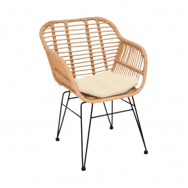 SALSA-W Πολυθρόνα Τραπεζαρίας Κήπου, Μέταλλο Βαφή Μαύρο, Wicker Φυσικό, Μαξιλάρι Εκρού  55x56x82cm [-Μαύρο-, -Φυσικό-] [-Wicker-, -Μέταλλο-] Ε282,Κ2