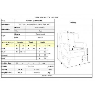 NATTALY Πολυθρόνα - Μπερζέρα K/D, Ύφασμα Nabuk Μπλε  76x78x101cm [-Μπλε-] [-Ύφασμα Nabuk-] Ε7140,1