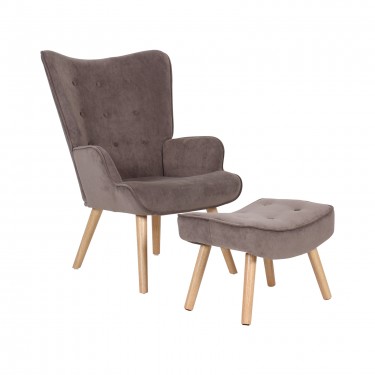 ALMA Πολυθρόνα - Μπερζέρα με Σκαμπό - Υποπόδιο Φυσικό Ύφασμα Velure Καφέ, K/D  69x76x97cm / 52x38x35cm [-Καφέ-] [-Ύφασμα-] Ε7141,8