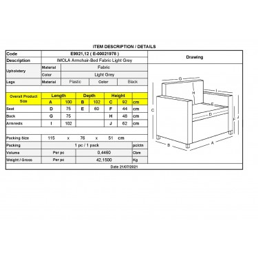IMOLA Πολυθρόνα - Κρεβάτι Σαλονιού - Καθιστικού, Ύφασμα Ανοιχτό Γκρι  100x102x92(Κρεβ.75x180x44)cm [-Γκρι-] [-Ύφασμα-] Ε9921,12