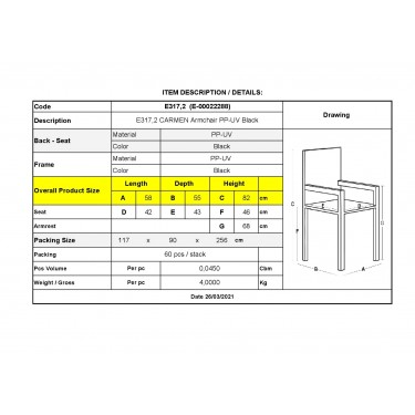 CARMEN Πολυθρόνα Τραπεζαρίας Κήπου Στοιβαζόμενη, PP - UV Protection, Απόχρωση Μαύρο  58x55x82cm [-Μαύρο-] [-PP - PC - ABS-] Ε317,2