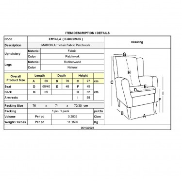 MARON Πολυθρόνα - Μπερζέρα Ξύλο Φυσικό, Ύφασμα Patchwork  69x76x97cm [-Patchwork-] [-Ύφασμα-] ΕΜ143,4