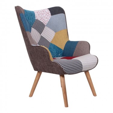 MARON Πολυθρόνα - Μπερζέρα Ξύλο Φυσικό, Ύφασμα Patchwork  69x76x97cm [-Patchwork-] [-Ύφασμα-] ΕΜ143,4