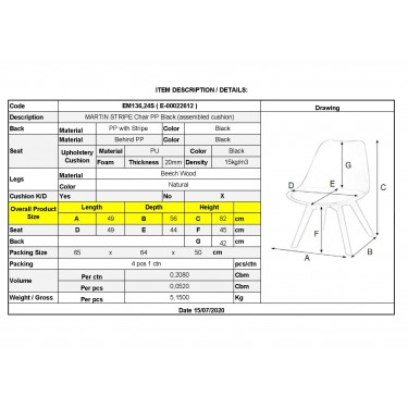 MARTIN STRIPE Καρέκλα Ξύλινο Πόδι, PP Μαύρο  49x56x82cm [-Μαύρο-, -Φυσικό-] [-PP - PC - ABS-, -Ξύλο-] ΕΜ136,24S