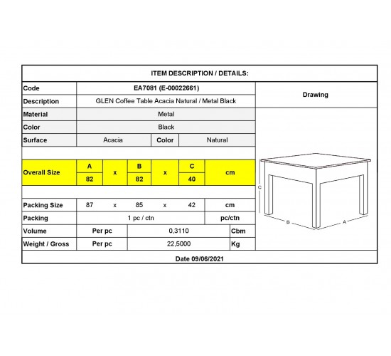 GLEN Τραπεζάκι Σαλονιού Καθιστικού, Μέταλλο Βαφή Μαύρο, Ξύλο Ακακία Φυσικό  82x82x40cm [-Φυσικό/Μαύρο-] [-Μέταλλο/Ξύλο-] ΕΑ7081