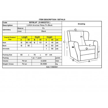 LUISA Πολυθρόνα Relax Σαλονιού - Καθιστικού Pu Μαύρο  88x90x99cm [-Μαύρο-] [-PU - PVC-] Ε9780,4P