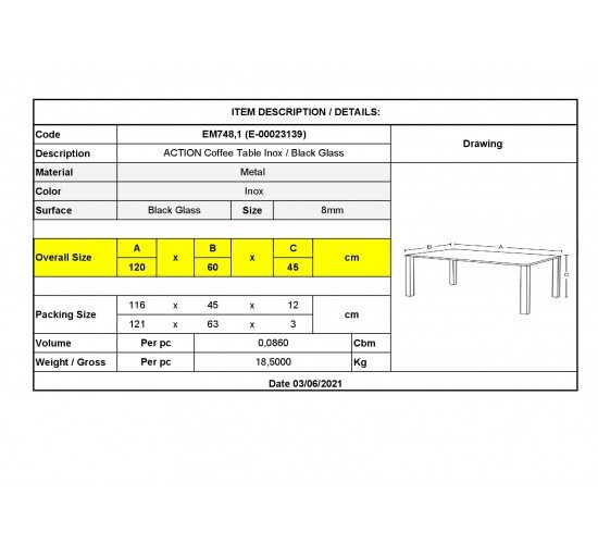 ACTION Tραπεζάκι Σαλονιού - Καθιστικού 120x60cm Inox - Μαυρό Γυαλί 8mm  120x60x45cm [-Silver/Μαύρο-] [-Μέταλλο/Γυαλί-] ΕΜ748,1