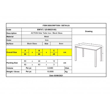 ACTION Τραπεζάκι Σαλονιού - Καθιστικού Inox - Μαυρό Γυαλί 8mm  60x60x45cm [-Μαύρο-, -Χρώμιο - Inox-] [-Γυαλί-, -Μέταλλο-] ΕΜ747,1