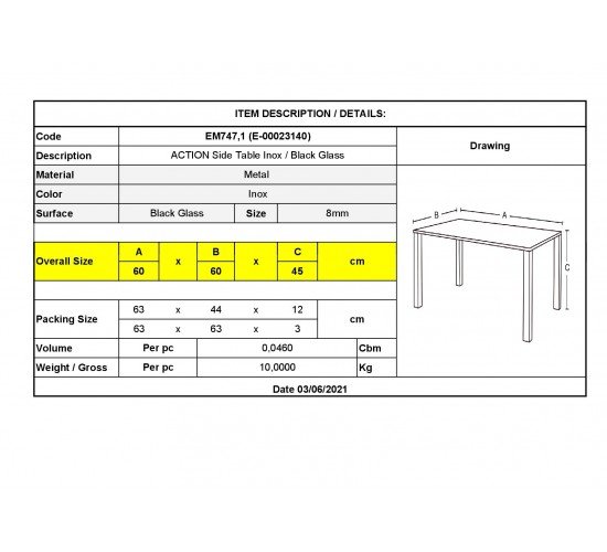ACTION Βοηθητικό Τραπεζάκι Σαλονιού - Καθιστικού 60x60cm Inox - Μαυρό Γυαλί 8mm  60x60x45cm [-Silver/Μαύρο-] [-Μέταλλο/Γυαλί-] ΕΜ747,1