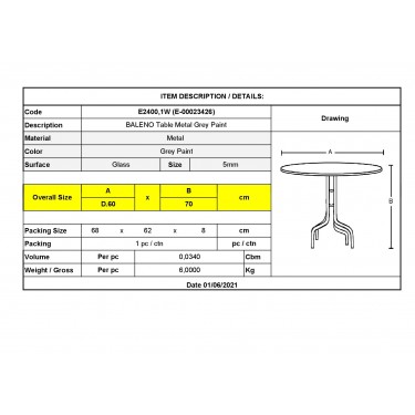 BALENO Τραπέζι Κήπου - Βεράντας, Μέταλλο Βαφή Ανθρακί, Γυαλί Tempered  Φ60x70cm [-Ανθρακί-] [-Γυαλί-, -Μέταλλο-] Ε2400,1W