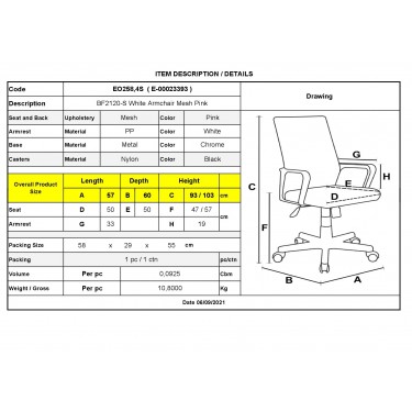 BF2120-S Πολυθρόνα Γραφείου Άσπρο - Μέταλλο Βάση Χρώμιο Mesh Ροζ  57x60x93/103cm [-Άσπρο-, -Ροζ-] [-Ύφασμα Mesh-] ΕΟ258,4S