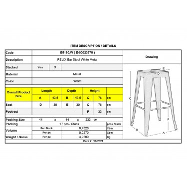 RELIX Σκαμπό Bar Στοιβαζόμενο, Μέταλλο Βαφή Άσπρο  42x42 H.76cm [-Άσπρο-] [-Μέταλλο-] Ε5190,W