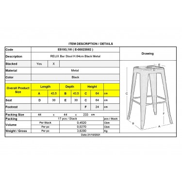 RELIX Σκαμπό Bar H.65cm, Στοιβαζόμενο, Μέταλλο Βαφή Μαύρο  42x42 H.65cm [-Μαύρο-] [-Μέταλλο-] Ε5193,1W