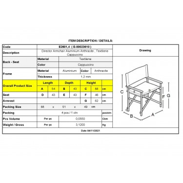 Σκηνοθέτη Πολυθρόνα, Αλουμίνιο Ανθρακί (1,2mm), Textilene Μπεζ, Πτυσσόμενη(2,75kg)  54x50x88cm [-Ανθρακί-, -Μπεζ-Tortora-Sand-Cappuccino-] [-Textilene-, -Αλουμίνιο-] Ε2601,4