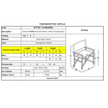 Σκηνοθέτη Σκελετός Πολυθρόνας Οξιά, Βαφή Εμποτισμού Απόχρωση Καρυδί, Πτυσσόμενη  60x51x85cm [-Καρυδί-] [-Ξύλο-] Ε7770W