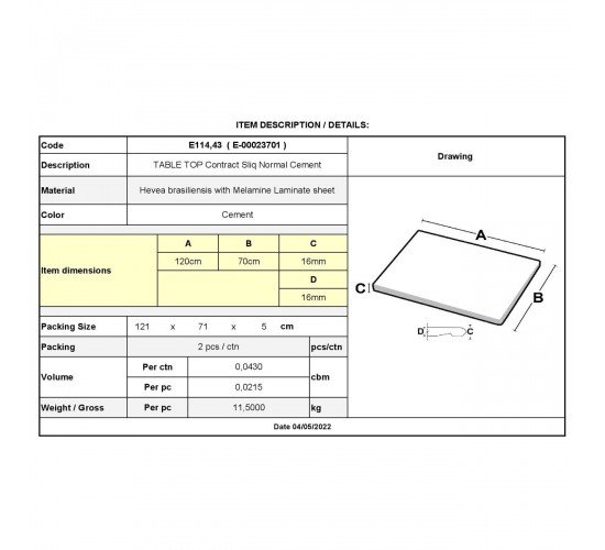 Contract Sliq Normal Επιφάνεια Τραπεζιού τ.Werzalit, Απόχρωση Cement  70x120cm/16mm [-Γκρι-] [-Melamine Laminated-] Ε114,43