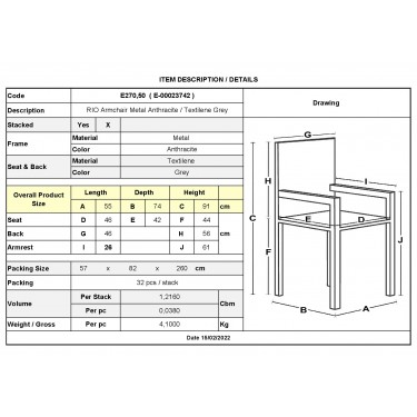 RIO Πολυθρόνα Στοιβαζόμενη Κήπου, Μέταλλο Βαφή Ανθρακί, Textilene Γκρι (4,20kg)  55x74x91cm [-Ανθρακί-, -Γκρι-] [-Textilene-, -Μέταλλο-] Ε270,50