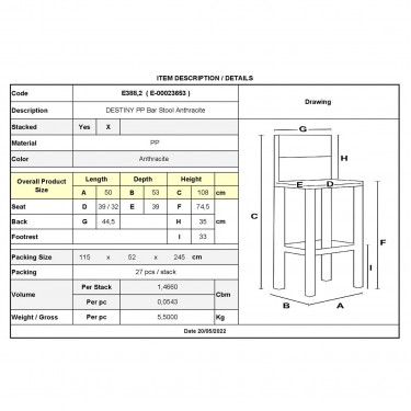 DESTINY Σκαμπό BAR με Πλάτη, PP Ανθρακί  50x46x74/101cm [-Ανθρακί-] [-PP - PC - ABS-] Ε388,2