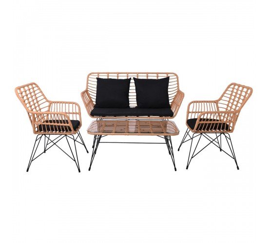 SALSA MAX Living Set Κήπου 4 τεμαχίων, Μέταλλο Βαφή Μαύρο, Wicker Φυσικό, Μαξιλάρια Μαύρο  106x55x45-147x70x105-65x67x96 [-Μαύρο/Φυσικό-] [-Μέταλλο/Wicker-] Ε285,S