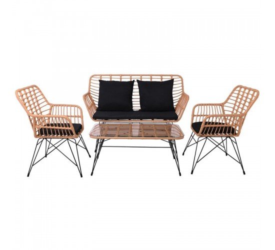 SALSA MAX Living Set Κήπου 4 τεμαχίων, Μέταλλο Βαφή Μαύρο, Wicker Φυσικό, Μαξιλάρια Μαύρο  106x55x45-147x70x105-65x67x96 [-Μαύρο/Φυσικό-] [-Μέταλλο/Wicker-] Ε285,S