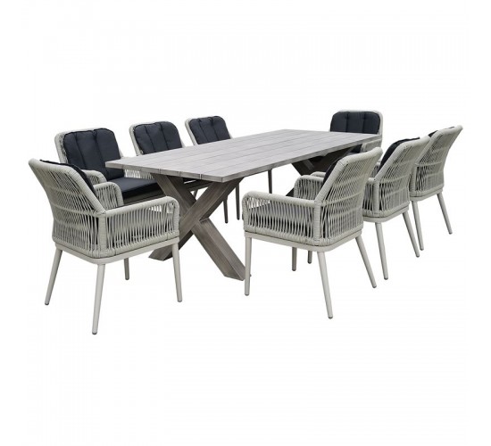 ALLEY Set Τραπεζαρία Κήπου ALU & Rope Grey-Μαξιλ.Ανθρακί: Τραπέζι 220x94   8 Πολυθρόνες  Τραπ:220x94x72 Πολ:62x64x85cm [-Γκρι-] [-Αλουμίνιο/Wicker-] Ε6842