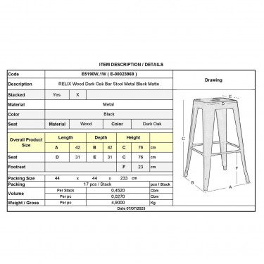 RELIX Wood Σκαμπό Bar, Μέταλλο Βαφή Μαύρο Extra Matte Κάθισμα Dark Oak, Στοιβαζόμενο  42x42 H.76cm [-Καρυδί-, -Μαύρο-] [-Μέταλλο-, -Ξύλο-] Ε5190W,1W