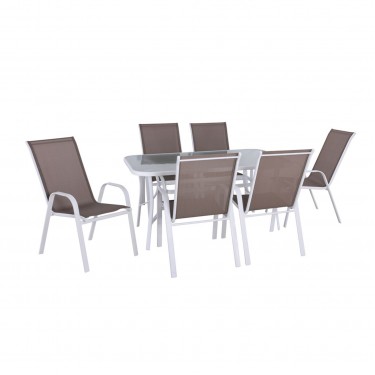 RIO Set Τραπεζαρία Κήπου Άσπρο Μέταλλο,Textilene Cappuccino: Τραπέζι   6 Πολυθρόνες  Table:150x90x71 Armch:55x74x91 [-Άσπρο-, -Μπεζ-Tortora-Sand-Cappuccino-] [-Textilene-, -Μέταλλο-] Ε250,2L