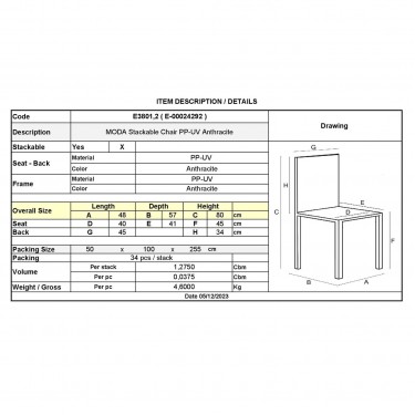 MODA Καρέκλα-Pro Στοιβαζόμενη PP - UV Protection, Απόχρωση Ανθρακί  48x57x80cm [-Ανθρακί-] [-PP - PC - ABS-] Ε3801,2