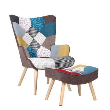 ALMA Πολυθρόνα - Μπερζέρα με Σκαμπό - Υποπόδιο Φυσικό Ύφασμα Patchwork, K/D  69x76x97cm / 52x38x35cm [-Patchwork-] [-Ύφασμα-] Ε7141,4