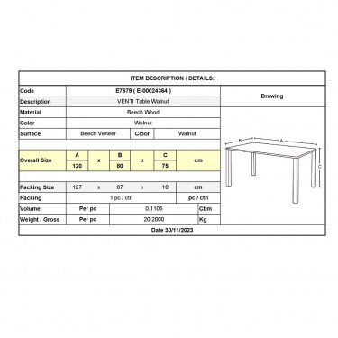 VENTI Τραπέζι Οξιά Καρυδί  120x80x75cm [-Καρυδί-] [-Ξύλο-] Ε7679