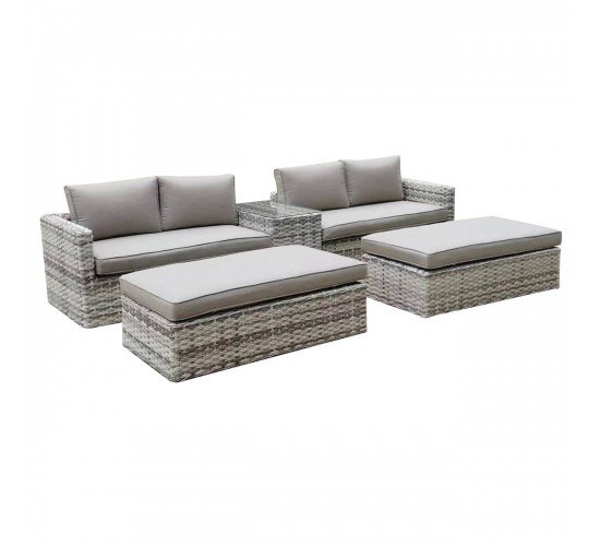 ASCOT Set Wicker Alu, Καναπές 4Θέσιος 2 σκαμπό Τραπεζάκι, Wicker Grey White,  Μαξιλ.Μπεζ  Table:75x43x52cm Set 6 Seats [-Γκρι/Μπεζ-Tortora-Sand-Cappuccino-] [-Αλουμίνιο/Wicker-] Ε6810