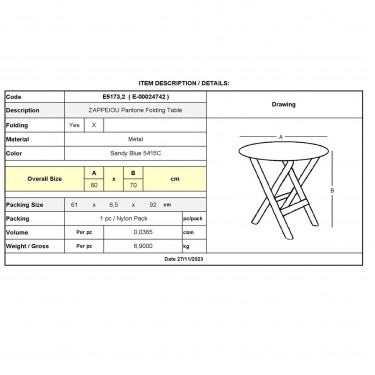 ΖΑΠΠΕΙΟΥ Pantone Τραπέζι Πτυσσόμενο, Μέταλλο Βαφή Sandy Blue 5415C  Φ60cm H.70cm [-Μπλε-] [-Μέταλλο-] Ε5173,2