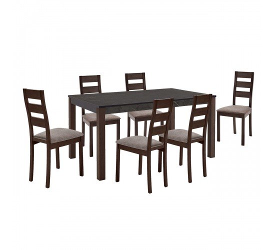 SIENNA Set (1 6) Τραπεζαρίας - Κουζίνας, Σκούρο Καρυδί, Melamine Greystone,Ύφασμα Μπεζ  Table 150x90x74/Chair 45x52x97 [-Καρυδί/Γκρι-] [-Ξύλο/Ύφασμα-] Ε788,1S