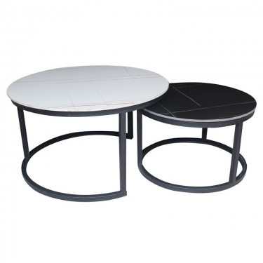 TERRY Set2 Τραπεζάκια Σαλονιού , Μέταλλο Βαφή Μαύρο, Sintered Stone White-Black Marble  Φ.80 H.48cm   Φ.60 H.40cm [-Άσπρο-, -Μαύρο-] [-Μέταλλο-, -Τεχνόπετρα-] ΕΜ526,S