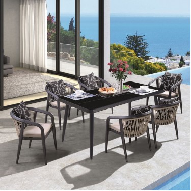 JARDIN Τραπεζαρία ALU Ανθρακί, HPL Μαύρο, Rope Μπεζ: Τραπέζι   6 Πολυθρόνες με Μαξιλάρια  Table:180x90x75 Chair:63x62x77 [-Ανθρακί-, -Μπεζ-Tortora-Sand-Cappuccino-] [-Wicker-, -Αλουμίνιο-] Ε6742,S1