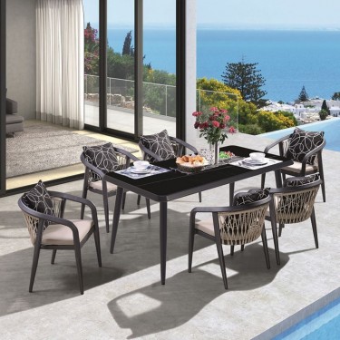 JARDIN Τραπεζαρία ALU Ανθρακί, HPL Μαύρο, Rope Μπεζ: Τραπέζι   6 Πολυθρόνες με Μαξιλάρια  Table:180x90x75 Chair:63x62x77 [-Ανθρακί-, -Μπεζ-Tortora-Sand-Cappuccino-] [-Wicker-, -Αλουμίνιο-] Ε6742,S1