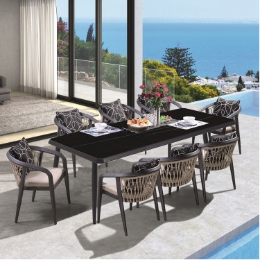 JARDIN Τραπεζαρία ALU Ανθρακί, HPL Μαύρο, Rope Μπεζ: Τραπέζι   8 Πολυθρόνες με Μαξιλάρια  Table:220x100x75 Chair63x62x77 [-Ανθρακί-, -Μπεζ-Tortora-Sand-Cappuccino-] [-Wicker-, -Αλουμίνιο-] Ε6742,S2