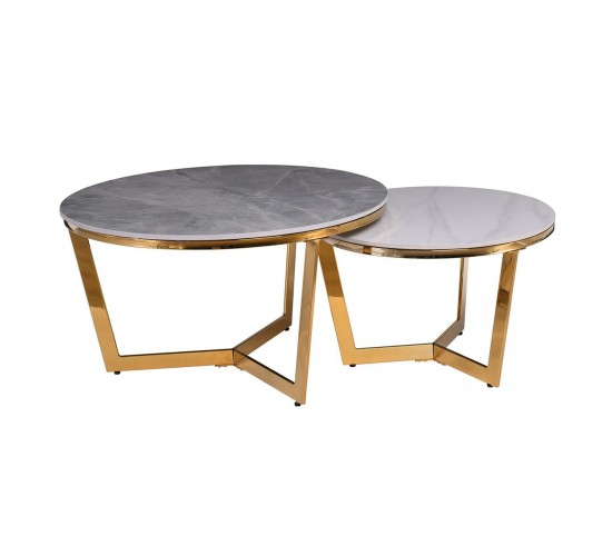 OTTO Set 2 Τραπεζάκια Σαλονιού , Χρώμιο Χρυσό, Sintered Stone Grey-White Marble  Φ.80 H.45cm   Φ.60 H.38cm [-Γκρι-, -Χρυσό-] [-Μέταλλο-, -Τεχνόπετρα-] ΕΜ527,S