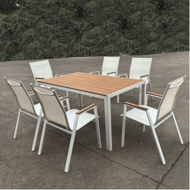 VIRNA Set Τραπεζαρία: Τραπέζι   6 Πολυθρόνες, Μέταλλο Βαφή Άσπρο, Polywood Φυσικό  Table:150x90x73 Chair:56x63x90 [-Άσπρο-, -Φυσικό-] [-Polywood-, -Μέταλλο-] Ε6797,2S