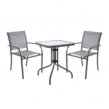 LANGLEY Set Κήπου: Τραπέζι   2 Πολυθρόνες Στοιβαζόμενες Μέταλλο Ανθρακί,Textilene Γκρι  Table:60x60x70 Chair:55x68x87 [-Ανθρακί-, -Γκρι-] [-Textilene-, -Μέταλλο-] Ε2422,1S