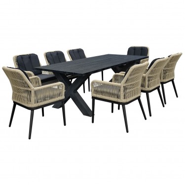 ALLEY Set Τραπεζαρία ALU Ανθρακί-Rope Φυσικό: Τραπέζι   8 Πολυθρόνες με Μαξιλάρια  Table:220x94x72 Chair:62x64x85 [-Ανθρακί-, -Φυσικό-] [-Wicker-, -Αλουμίνιο-] Ε68421