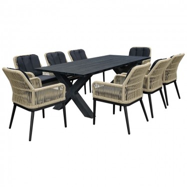 ALLEY Set Τραπεζαρία ALU Ανθρακί-Rope Φυσικό: Τραπέζι   8 Πολυθρόνες με Μαξιλάρια  Table:220x94x72 Chair:62x64x85 [-Ανθρακί-, -Φυσικό-] [-Wicker-, -Αλουμίνιο-] Ε68421