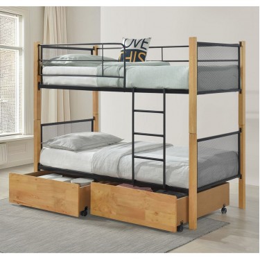 NET Κρεβάτι Κουκέτα με 2 Συρτάρια 94x47x30cm, Μέταλλο Βαφή Μαύρο-Ξύλο Φυσικό  95x200x158(Στρώμα 90x190)cm [-Μαύρο-, -Φυσικό-] [-Μέταλλο-, -Ξύλο-] Ε8039