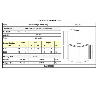 SERENATA Καρέκλα, Στοιβαζόμενη PP - UV Ανθρακί  45x58x81cm [-Ανθρακί-] [-PP - PC - ABS-] Ε3806,1W