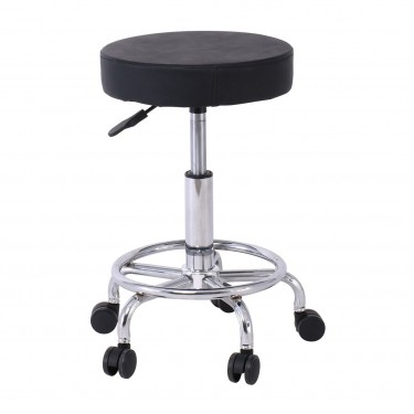 GLORY Σκαμπό με υποπόδιο, Βάση Χρώμιο, PU Μαύρο, Περιστρεφόμενο, Τροχήλατο  Φ35 H.47/61cm [-Μαύρο-, -Χρώμιο - Inox-] [-PU - PVC-, -Μέταλλο-] ΕΜ407,2