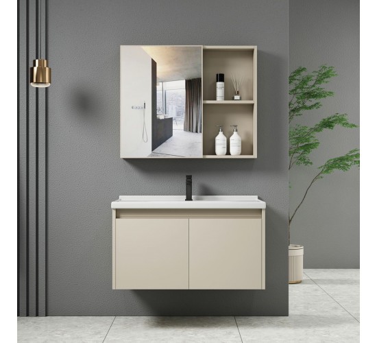 IDEA-1 Set Έπιπλο Κρεμαστό Μπάνιου Cream, Καθρέπτης   Πάγκος με Νιπτήρα και Μπαταρία  Up:55x11x60cm Down:60x47x45cm [-Μπεζ-Tortora-Sand-Cappuccino-] [-MDF - Κόντρα Πλακέ - Καπλαμάς - Νοβοπάν-, -Αλουμίνιο-] ΕΝ100,2